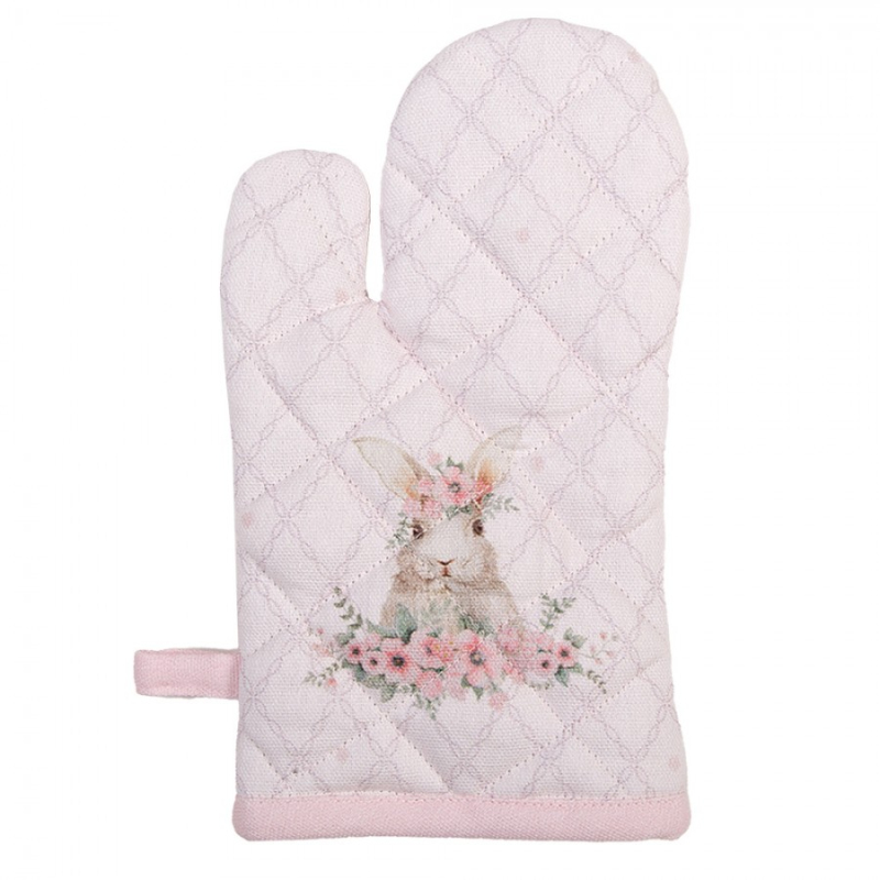 Růžová bavlněná dětská chňapka se vzorem velikonočního zajíčka a květinového věnce Floral Easter Bunny – 12x21 cm