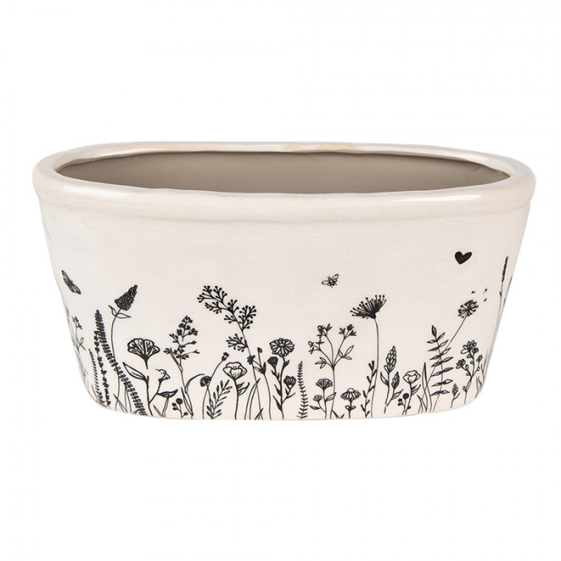 Béžový keramický obal na květináč s kresbou rostlinek Flora a Fauna – 23x11x11 cm