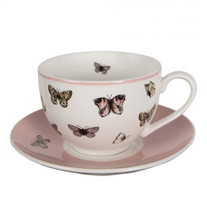 Růžovo-bílý porcelánový šálek s podšálkem s motivem motýlků Butterfly paradise – 200 ml