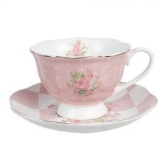 Růžový pruhovaný porcelánový šálek s podšálkem se vzorem růžiček Sweet Roses – 200 ml