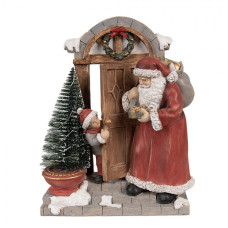 Vánoční dekorace s LED světlem figurka Santa Claus s pytlem dárků a dítětem za dveřmi – 18x8x22 cm