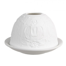 Bílý porcelánový svícen na čajovou svíčku Buddha a bambus – 12x8 cm