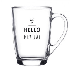 Skleněný hrneček s černým obrysem srdíčka a nápisem Hello New Day – 300 ml