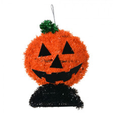 Halloweenská dekorace oranžová dýně s černými prvky na podstavci – 13x5x15 cm