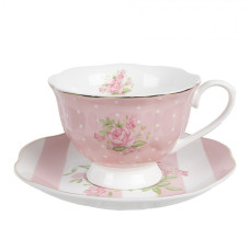 Růžový puntíkatý porcelánový šálek s podšálkem se vzorem růžiček Sweet Roses – 200 ml