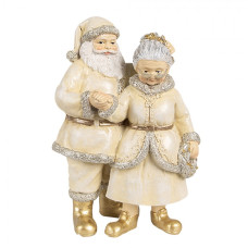 Béžová vánoční dekorace Santa Claus s babičkou ve zlatých botách a se stříbrno-zlatým věncem – 11x8x16 cm