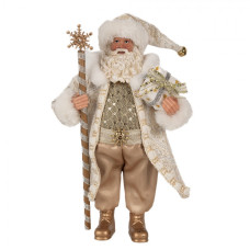 Vánoční postavička Santa Claus ve zlatém plášti s holí – 27 cm