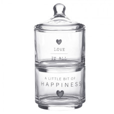 Dvoupatrová skleněná dóza s víčkem a nápisem Love It All a Happiness – 10x21 cm