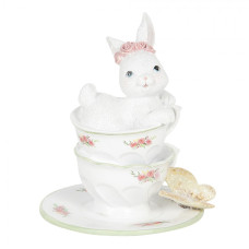 Dekorace bílé králičí slečny v porcelánových šálcích s motýlem – 12x12x15 cm