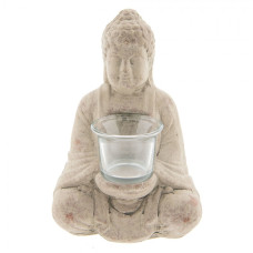 Šedý teracottový svícen budha na čajovou svíčku – 13x11x21 cm