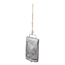 Šedý antik plechový zvonek na laně – 8x3x14 cm